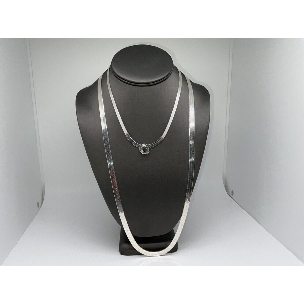 2 Sterling Silver 925 Herringbone 30” & 16” w/ 2+ Carat Bluish White Sapphire